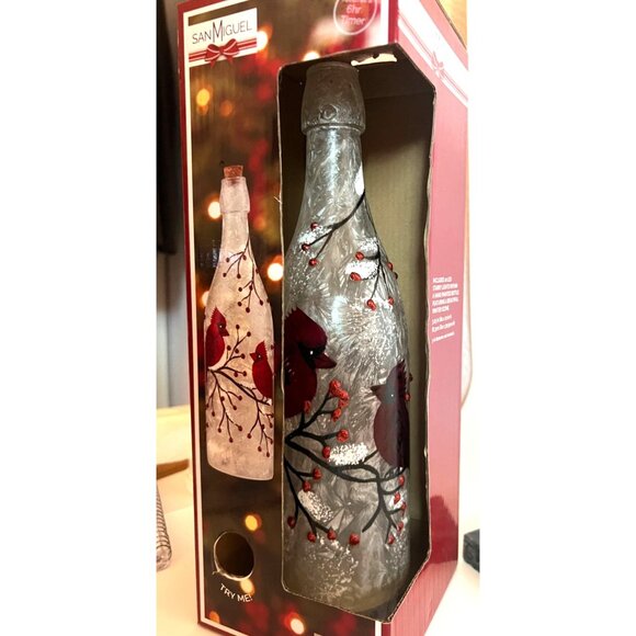 Hand Painted Bottle LED Starry Lights Winter Cardinal Scene Red Bird Christmas - Picture 7 of 9